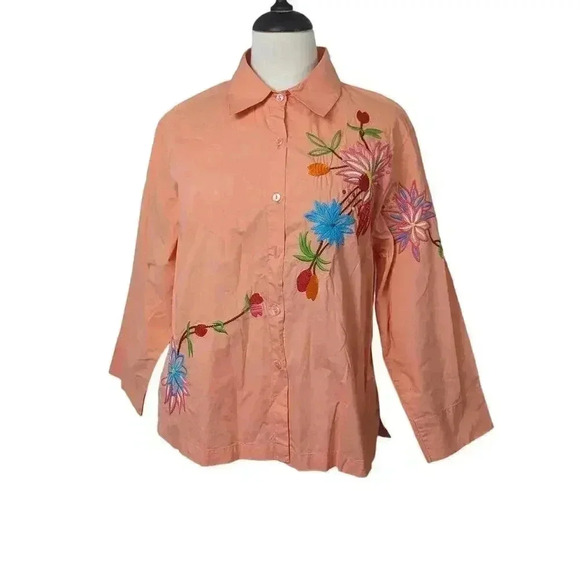 New Direction Sport Womens Peach Colored Button Up Embroidered Shirt Size L - Picture 1 of 7